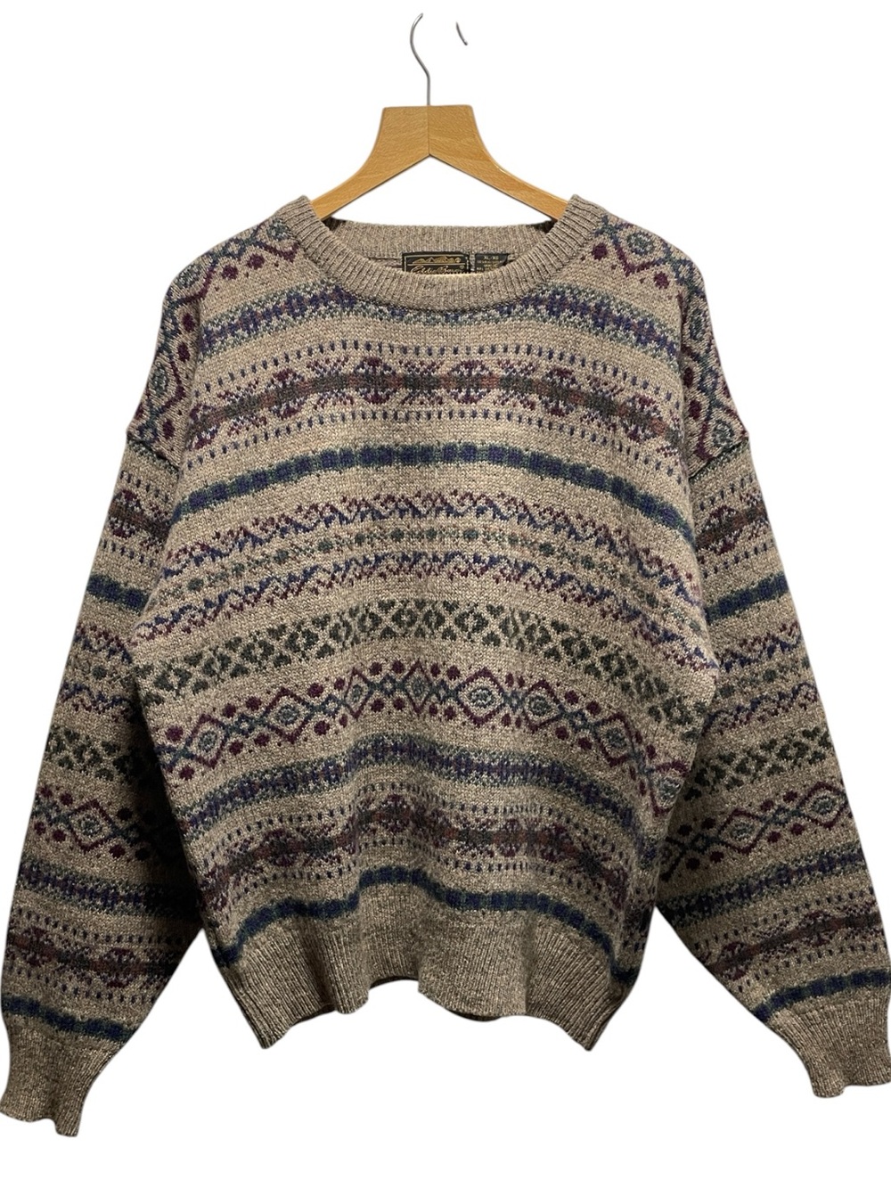 Eddie Bauer Vintage Beige Fair Isle Wool Crewneck Sweater Blue/Green/Burgundy XL